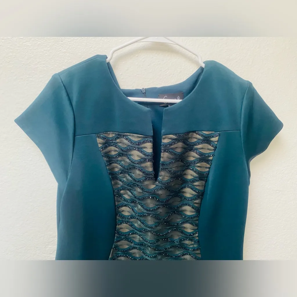 CONNECTED Apparel sz 14Sheath Dress Stretch Knit Maroon Green Nude LaceFront - Image 5