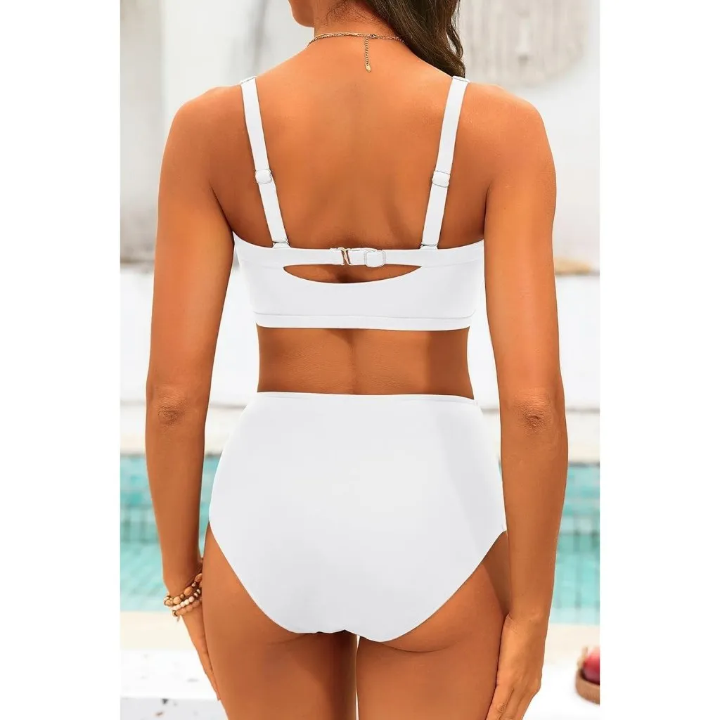 Tempt Me Two Piece LARGE White Swimsuit High Waisted Bikini Ruched Swimwear - Image 2