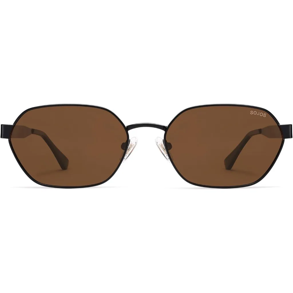 Unisex Black/Brown Trendy Hexagon Sunglasses for UV400 Retro Rectangle Shades Black - Image 2