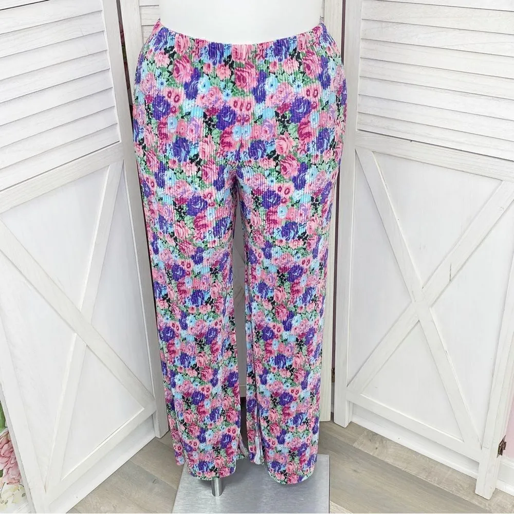 Wayf Floral Accordion Pleat Satin Pull On Straight Leg Pants Purple Pink Large - Image 2