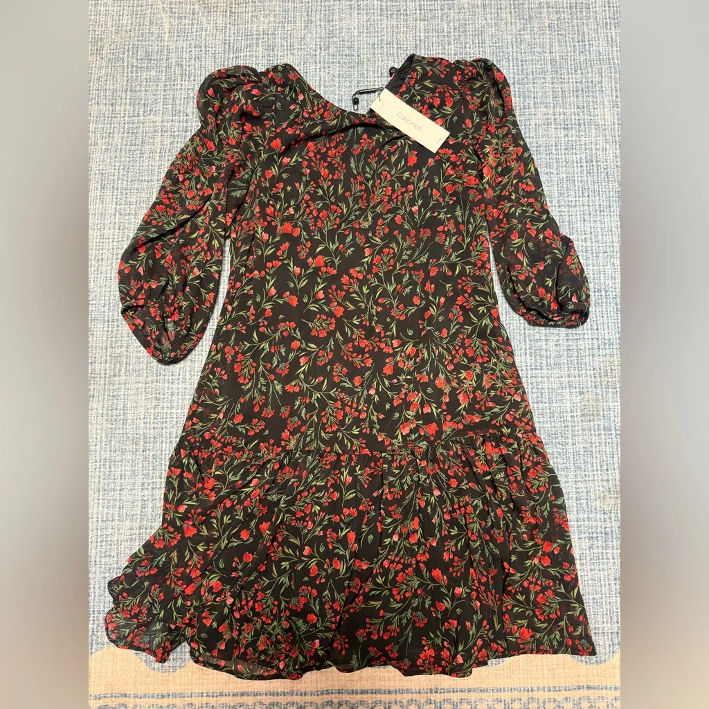 Calvin Klein Black Holiday Dress with Red Floral Pattern- Women's Size 10- NWT - Image 2