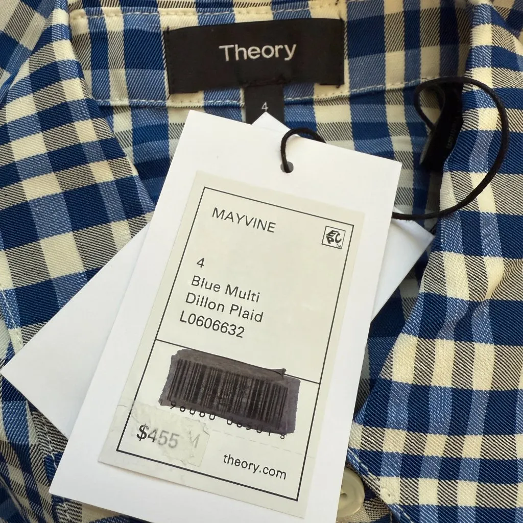 Theory Mayvine Dillon Plaid Linen Mini Shirt Dress Women 4 Blue White Preppy NWT - Image 16