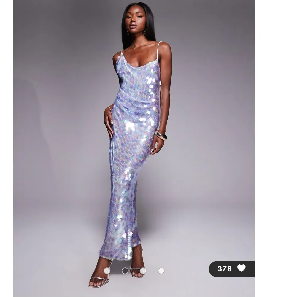 ASOS DESIGN iridescent sequin asymmetric cowl neck midi dress in light blue - Image 2