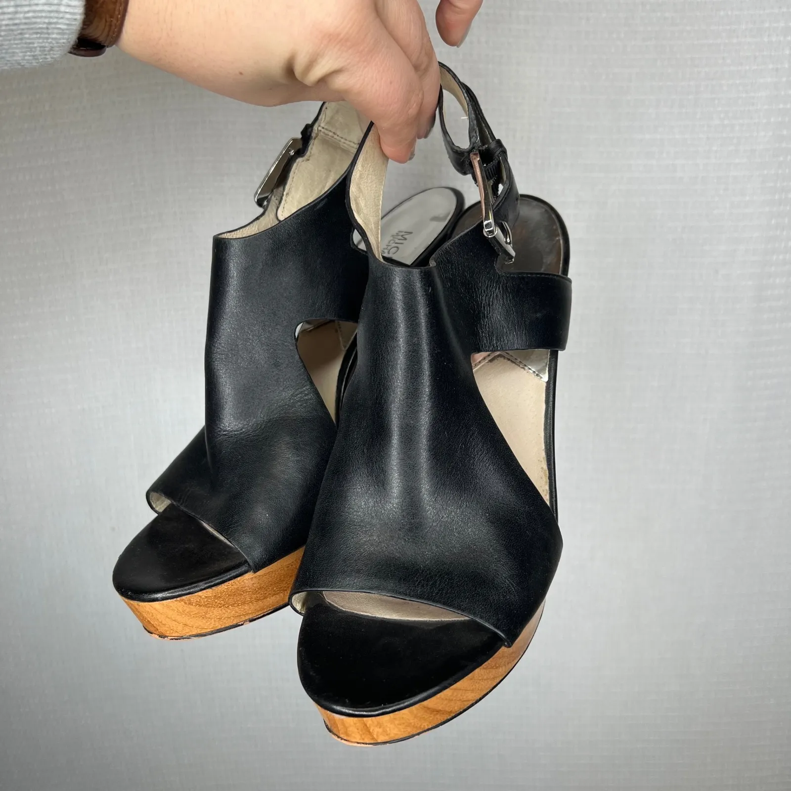 Michael Kors Black Leather Wooden Wedge Slingback Heels Women Size 9.5 - Image 2