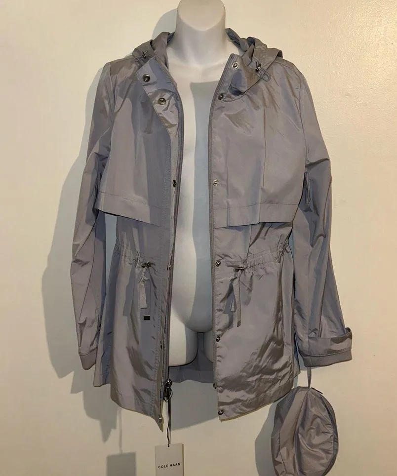 Cole Haan hooded packable Rain Jacket Size Large blue/gray “Mist” color NWT - Image 10