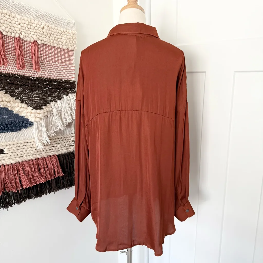 Free People Starry Dreams Satin Shirt Brown Sz M NWT - Image 6