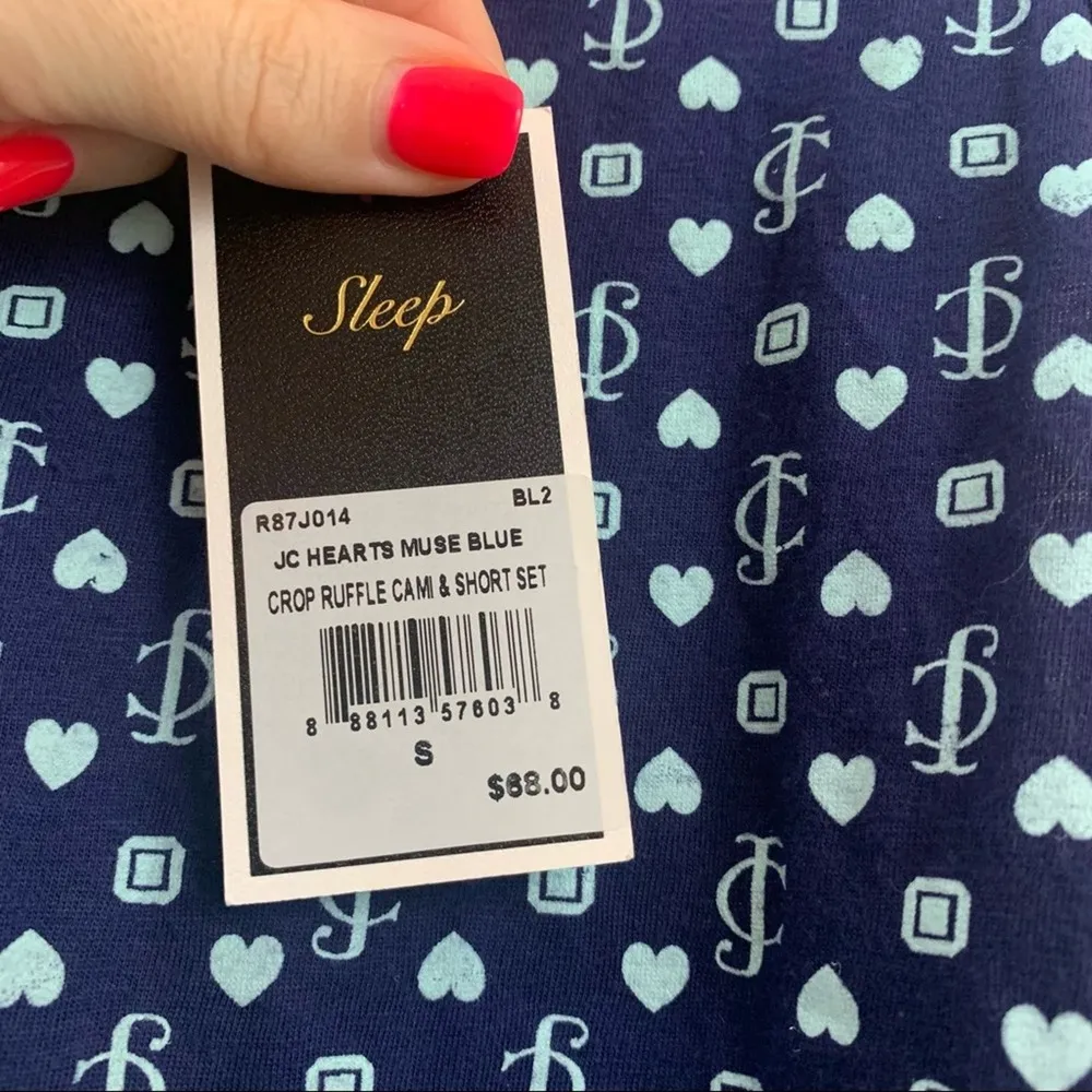 Juice Couture Black Label Sleep Crop Ruffle Hearts Cami Tank Navy/Sky Blue - Image 4