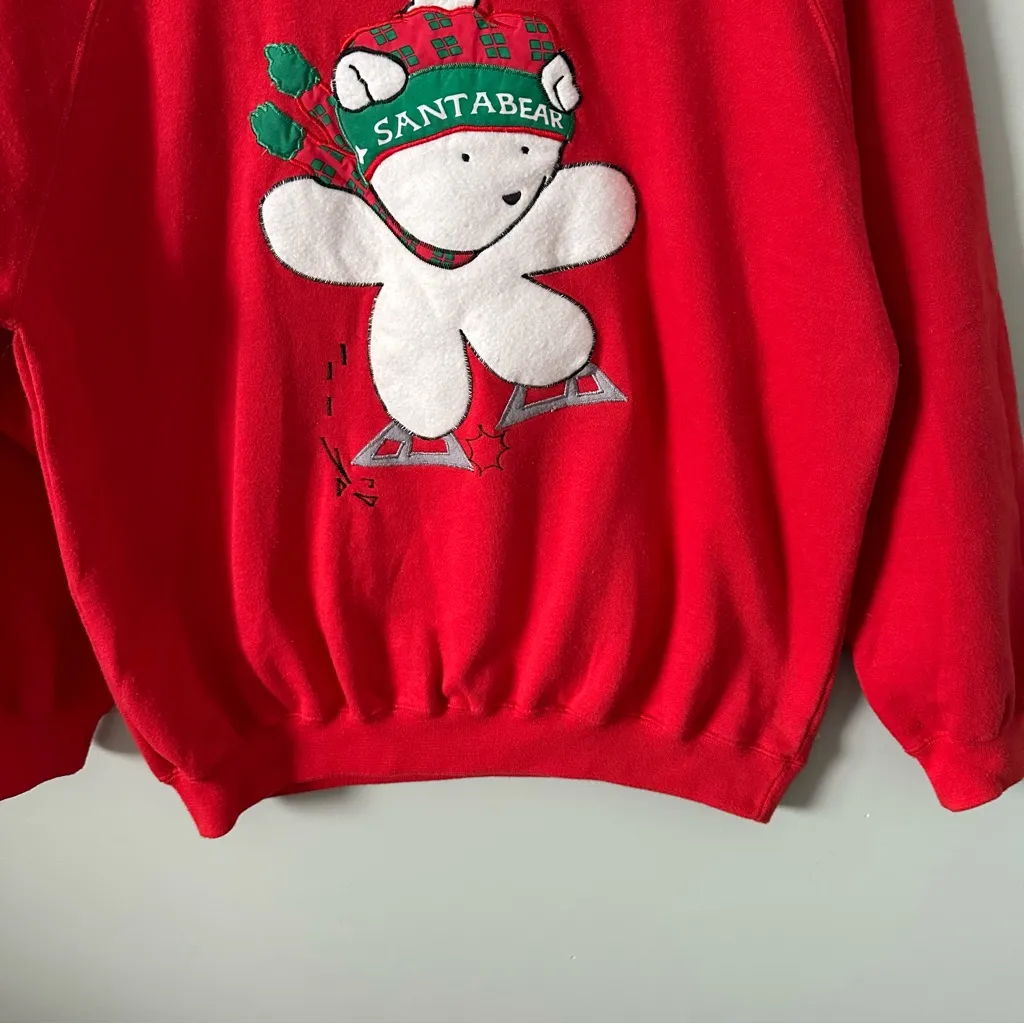 Vintage 90s Santabear Christmas Sweatshirt Red Korea Made Medium Holiday - Image 3