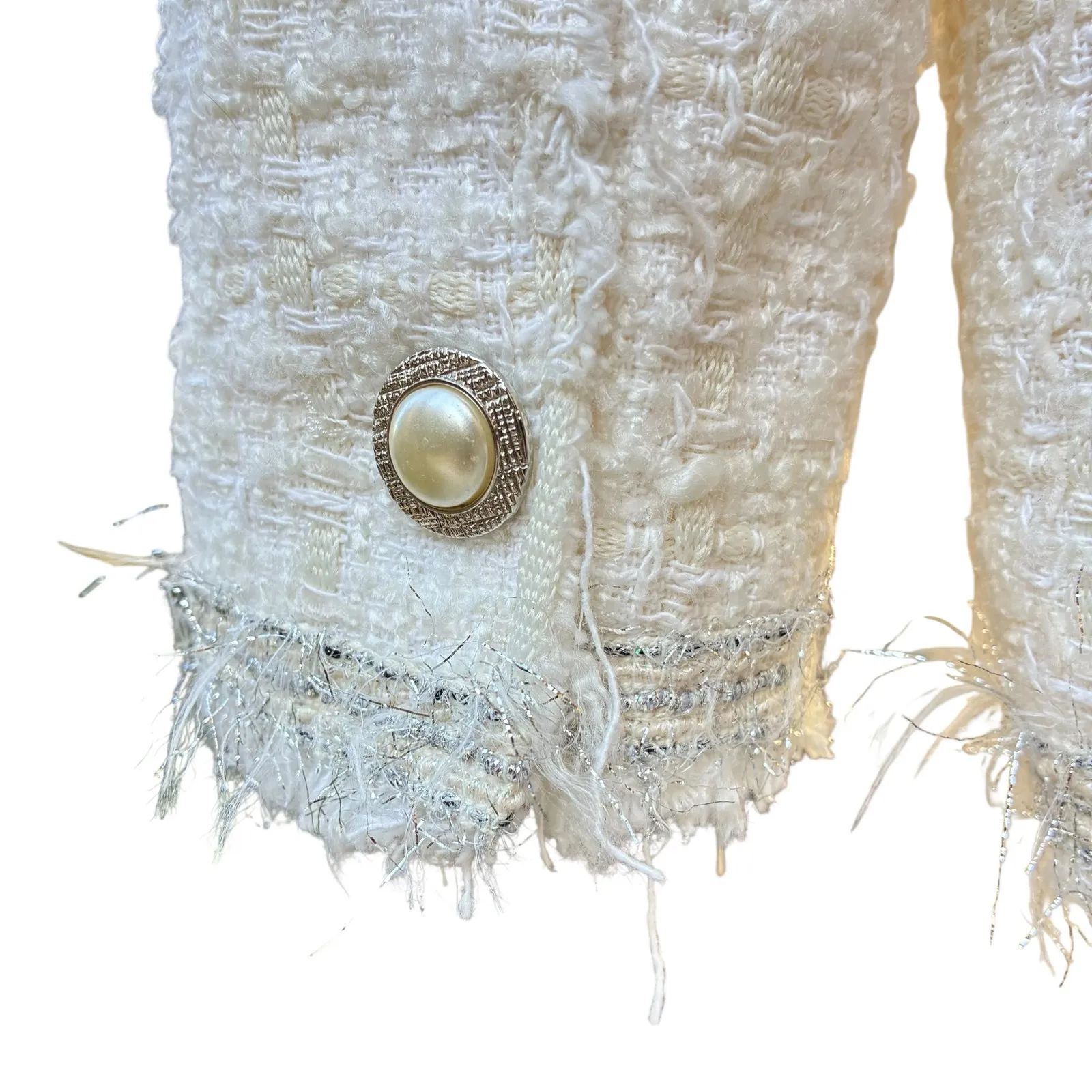 Zara Blazer Tweed Frayed Pearl Button Jacket Cream Silver Metallic Womens Sz XS - Image 9