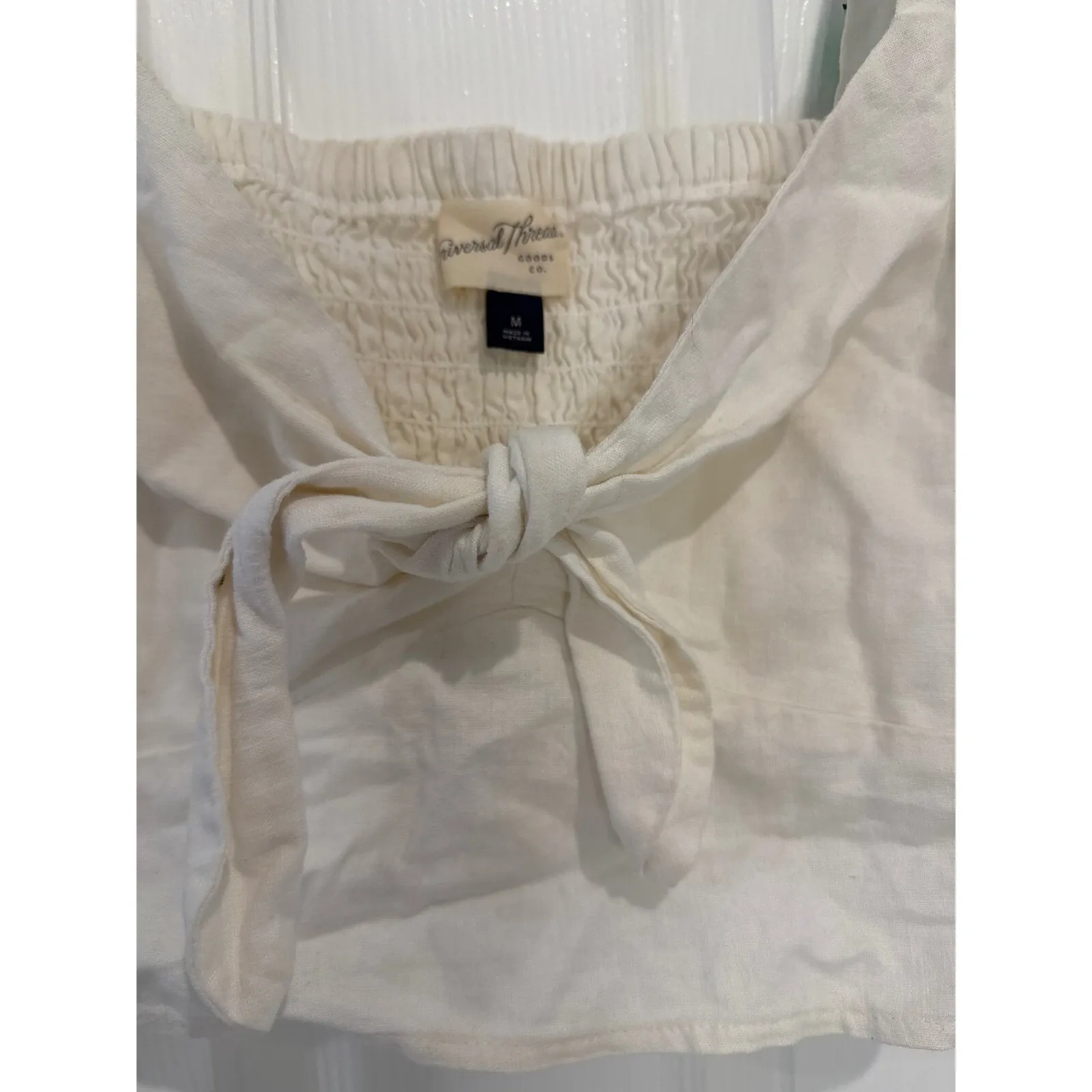 Universal Thread Tie-Front Crop Top Smocked Sleeveless‎ Casual White Linen M - Image 5