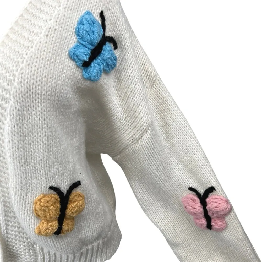 Luna Ivy Women's Cream Multicolor 3D Butterfly Open Cardigan Sweater Top Size S - Image 3