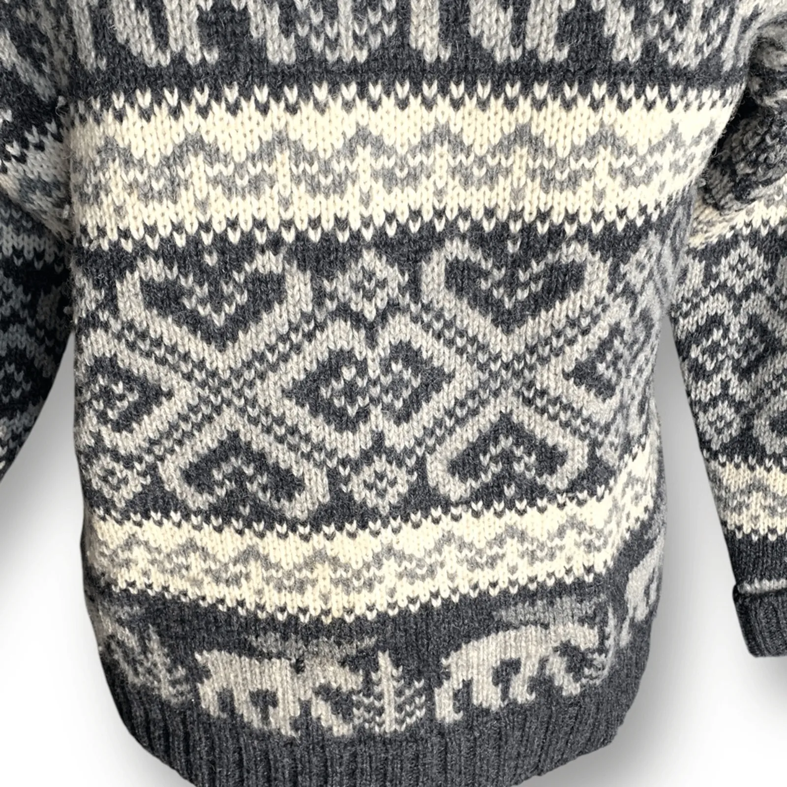 Vintage 90s Eddie Bauer Gray Black Moose Nordic Fair Isle Turtleneck Sweater - Image 7
