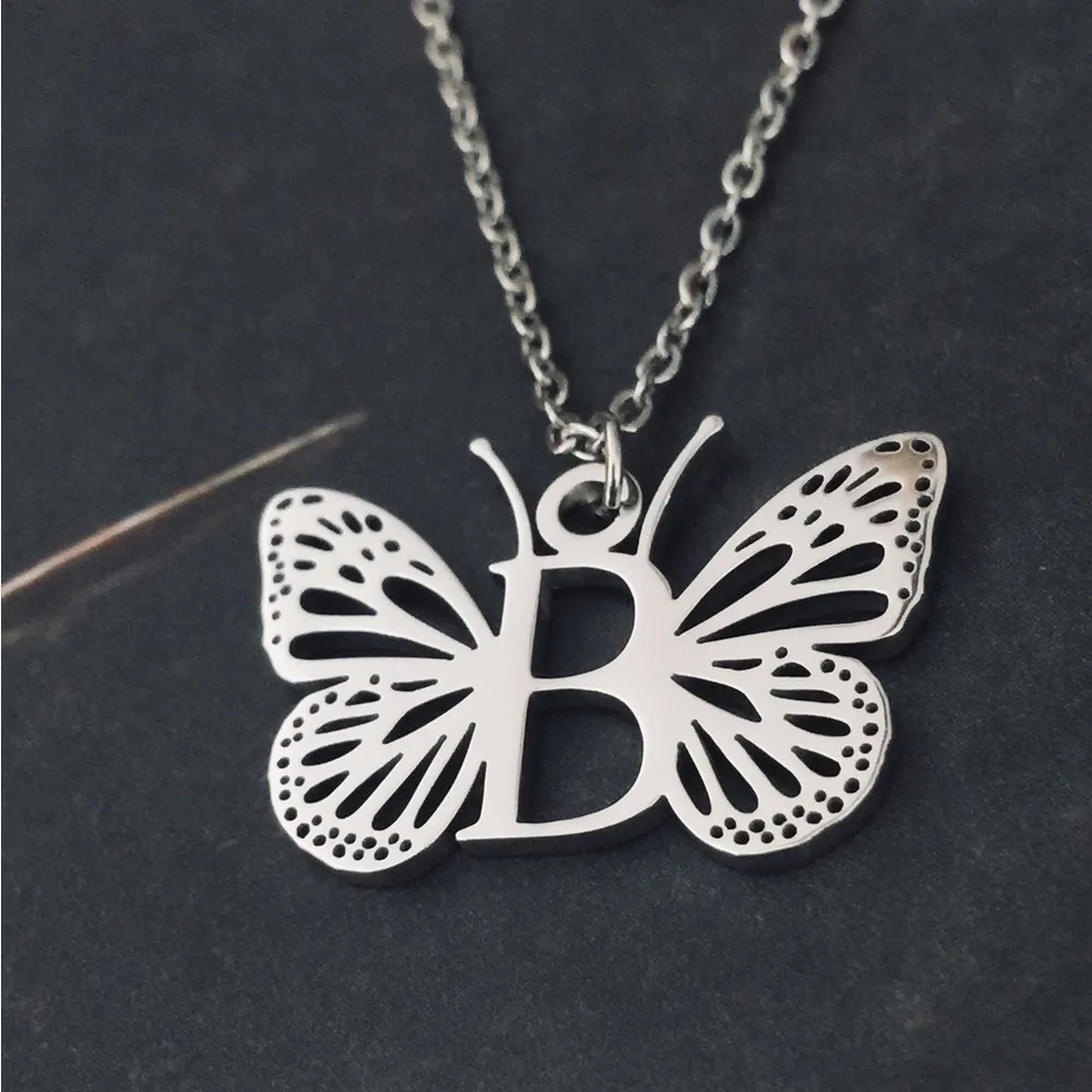 Letter B Initial Butterfly Necklace Silver - Image 5