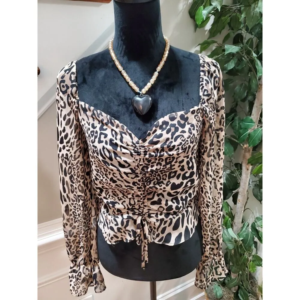 Bar III Women's Beige & Black Polyester Long Sleeve Sweetheart Neck Top Blouse S - Image 2