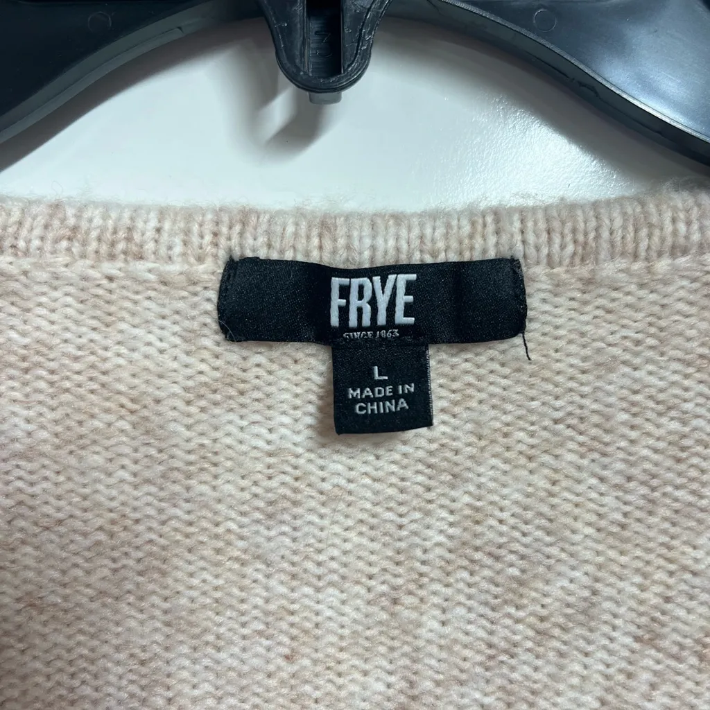 FRYE V-Neck Sweater Neutral Tan Beige Oatmeal Ribbed Knit Slouchy Balloon Sleeve - Image 3