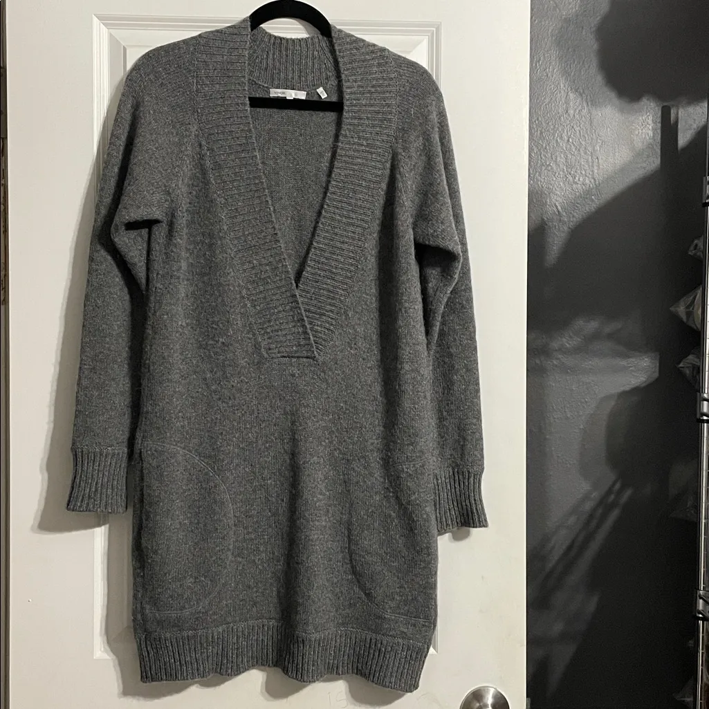 Vince Cashmere Alpaca Wool Blend Gray Deep V-Neck Sweater Mini Dress Pockets L - Image 2