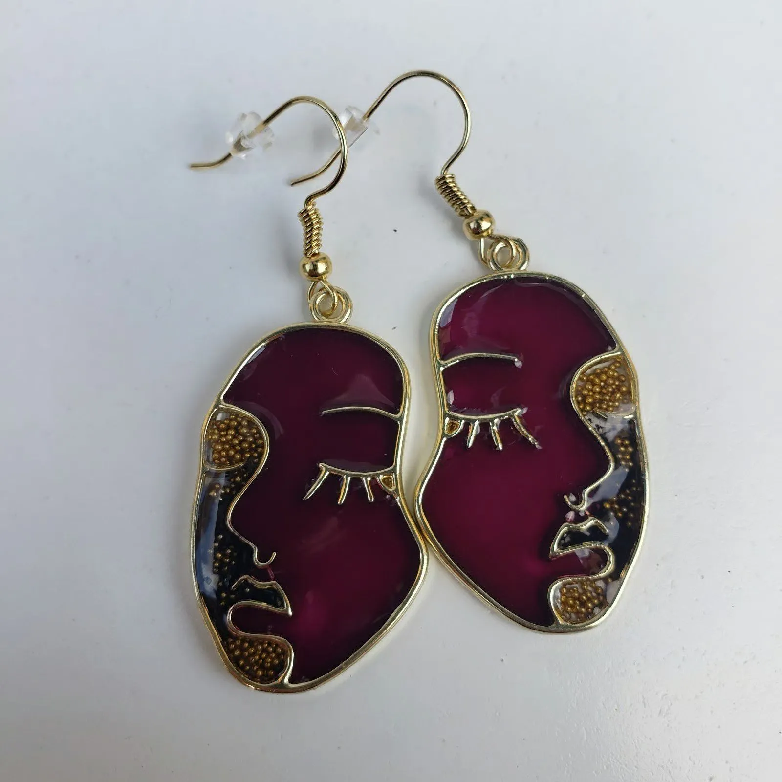 Gold Plated Purple Art Face Handmade Resin Jump Earrings Tones Verdes Jewelry - Image 4