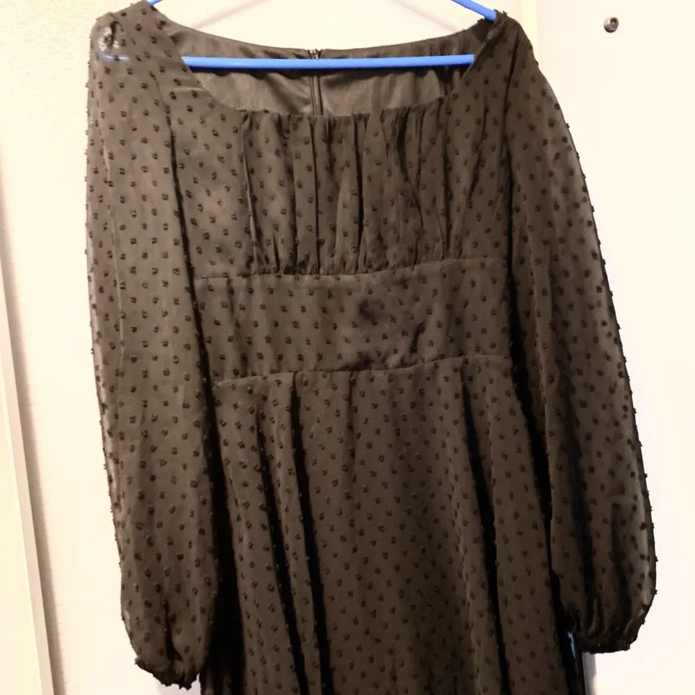 Small Black Ruched Bust Lantern, Sheer long Sleeves Swiss Dots, Knee High Dress. - Image 5