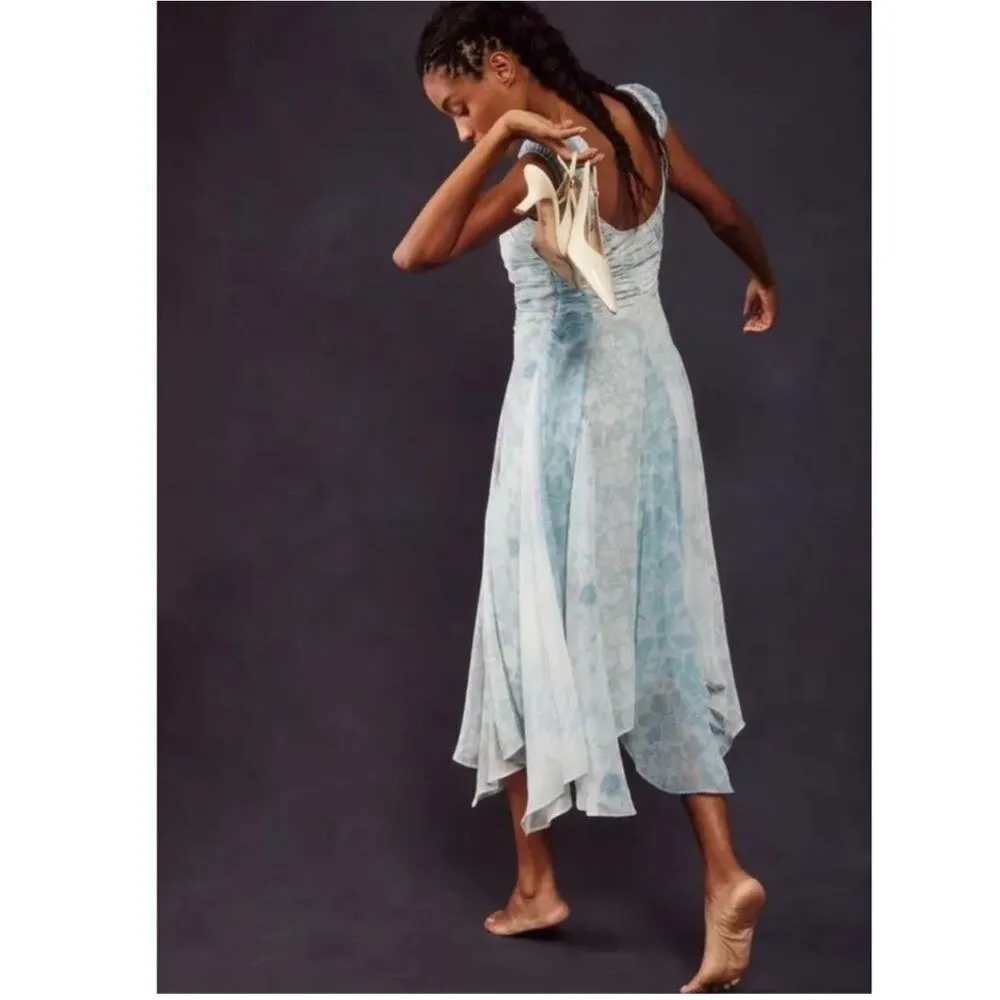 FREE PEOPLE Heart to Heart Dress Size 2 Ocean Blue Ruched Fairy Flowy NWT Midi - Image 3