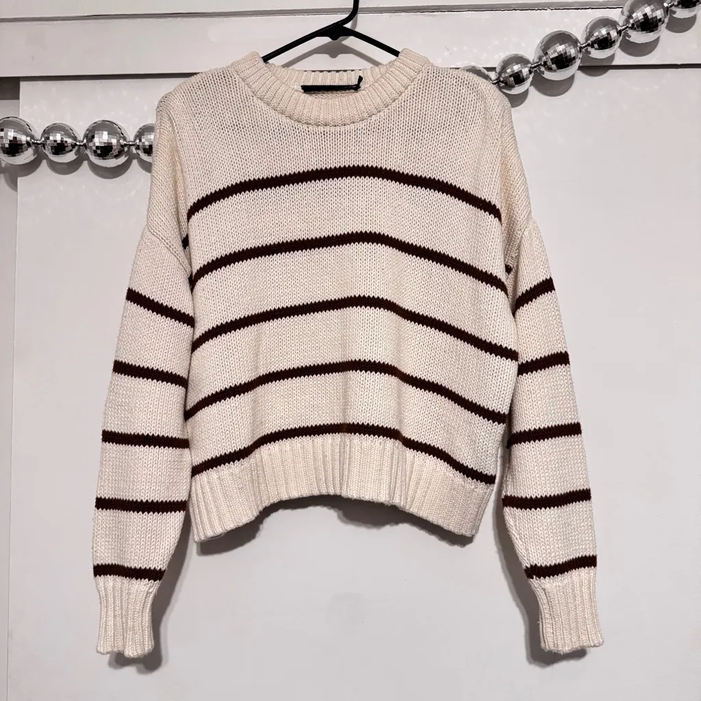 Jenni Kayne Small Chloe Crewneck Cotton Stripe Sweater White Copper Stripe - Image 4