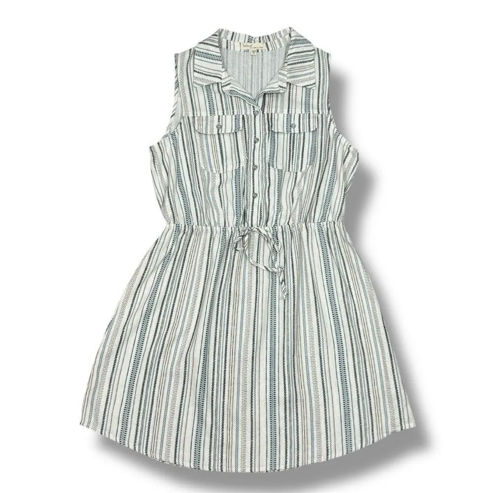 Bebop Striped Linen Blend Sleeveless Shirt Dress Drawstring Waist Cream Blue XL‎ - Image 12