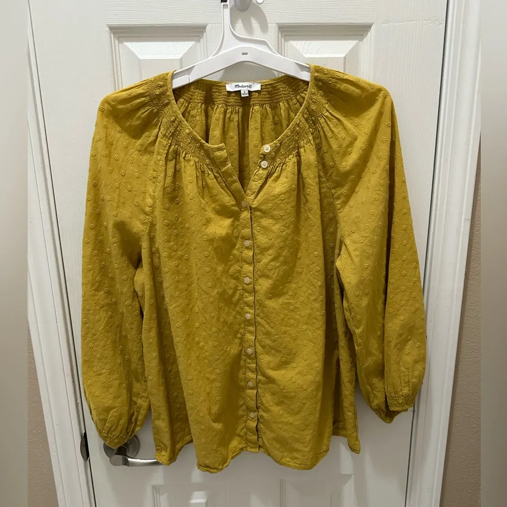 MADEWELL Floral Embroidered Smocked-Neck Raglan button up Top Size Large yellow - Image 8