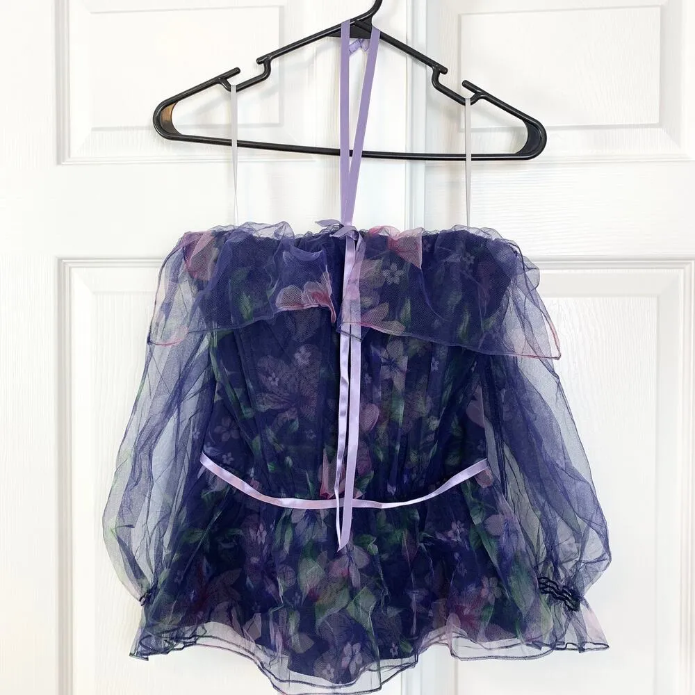 Marchesa Notte Floral Mesh Tulle Ribbon Off The Shoulder Top Navy Size 8 Blue - Image 4