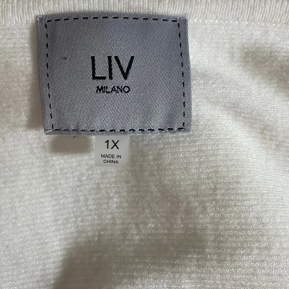 Liv Milano Women Sweater 1X Ivory Crochet Gem Flower Shoulder Cottagecore Whimsy White - Image 2