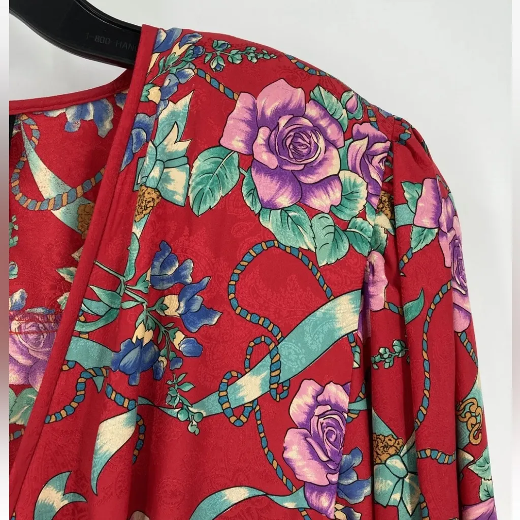 Diane Freis Y2K Womens Maxi Dress Red Multicolor Silk Surplice Neck Belted Size L - Image 2