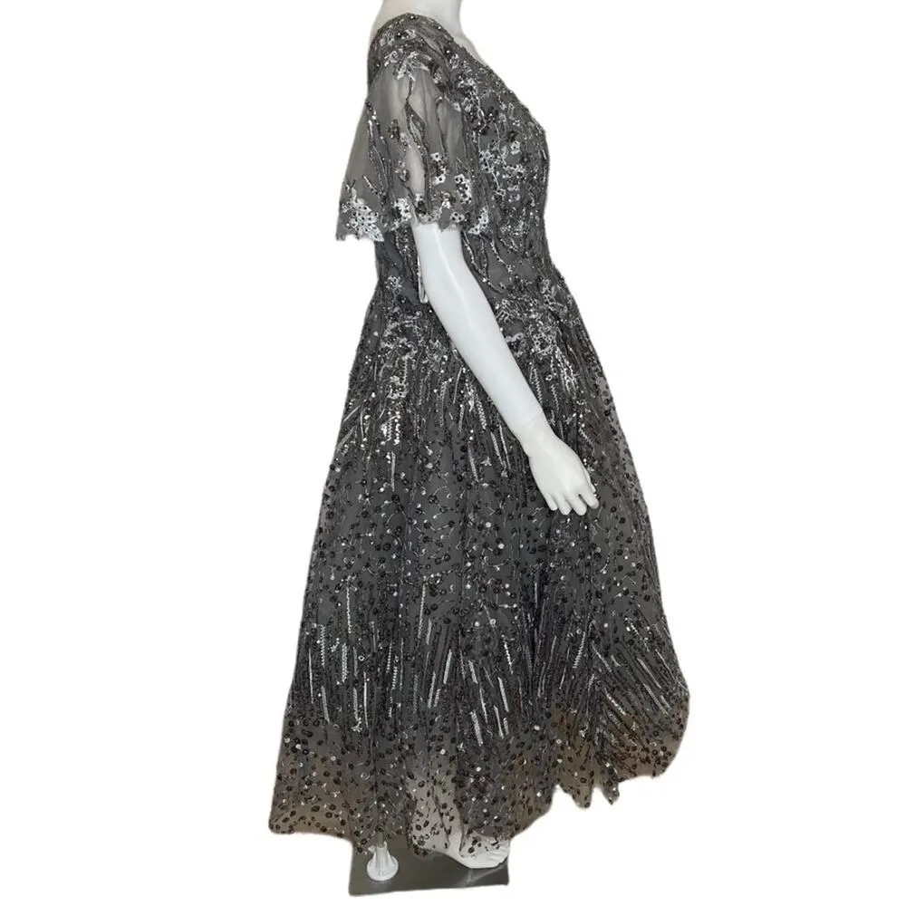 Mac Duggal Embellished Butterfly Fit & Flare Tea-Length Dress Gunmetal Sz 8 - Image 3