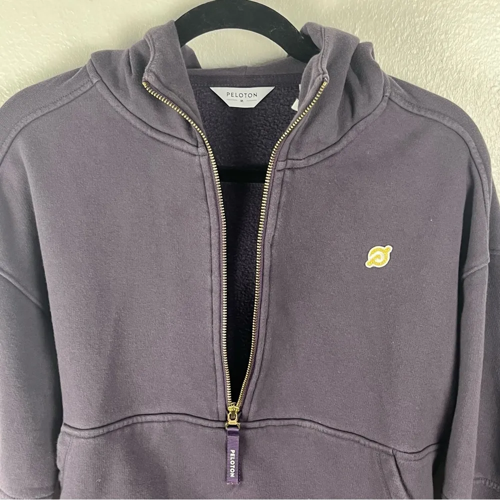 PELOTON Purple 1/2 Zipper Chic Kangaroo Pocket Arm Spellout Hoodie, Size Medium - Image 10
