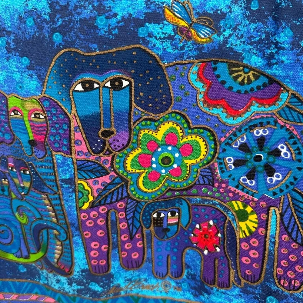 Laurel Burch Purse Shoulder Bag Colorful Vibrant Blue Dogs Sequins Canvas Tote - Image 3