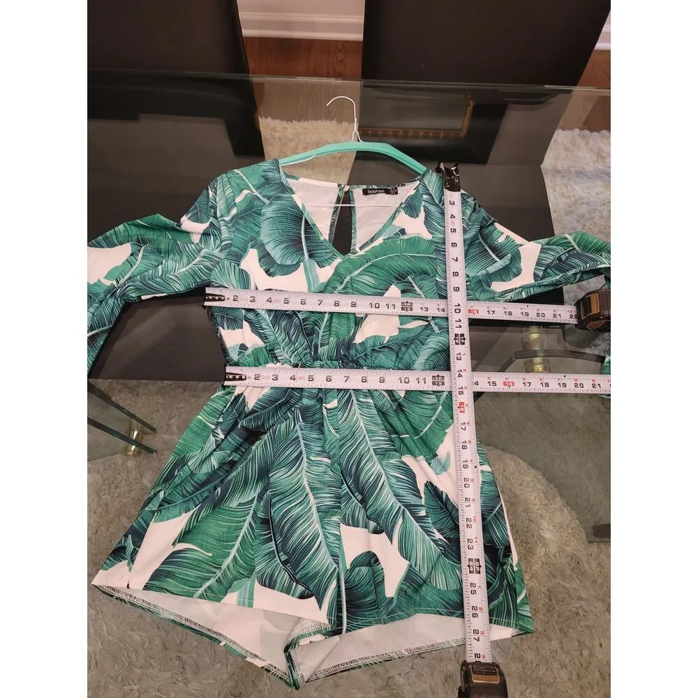 Boohoo Romper Women's 6 Green & White Polyester Elastic Waist V-Neck Long Sleeve - Image 8