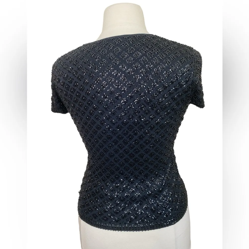 Beautiful 90s black beaded 100% silk short sleeve top - Image 3