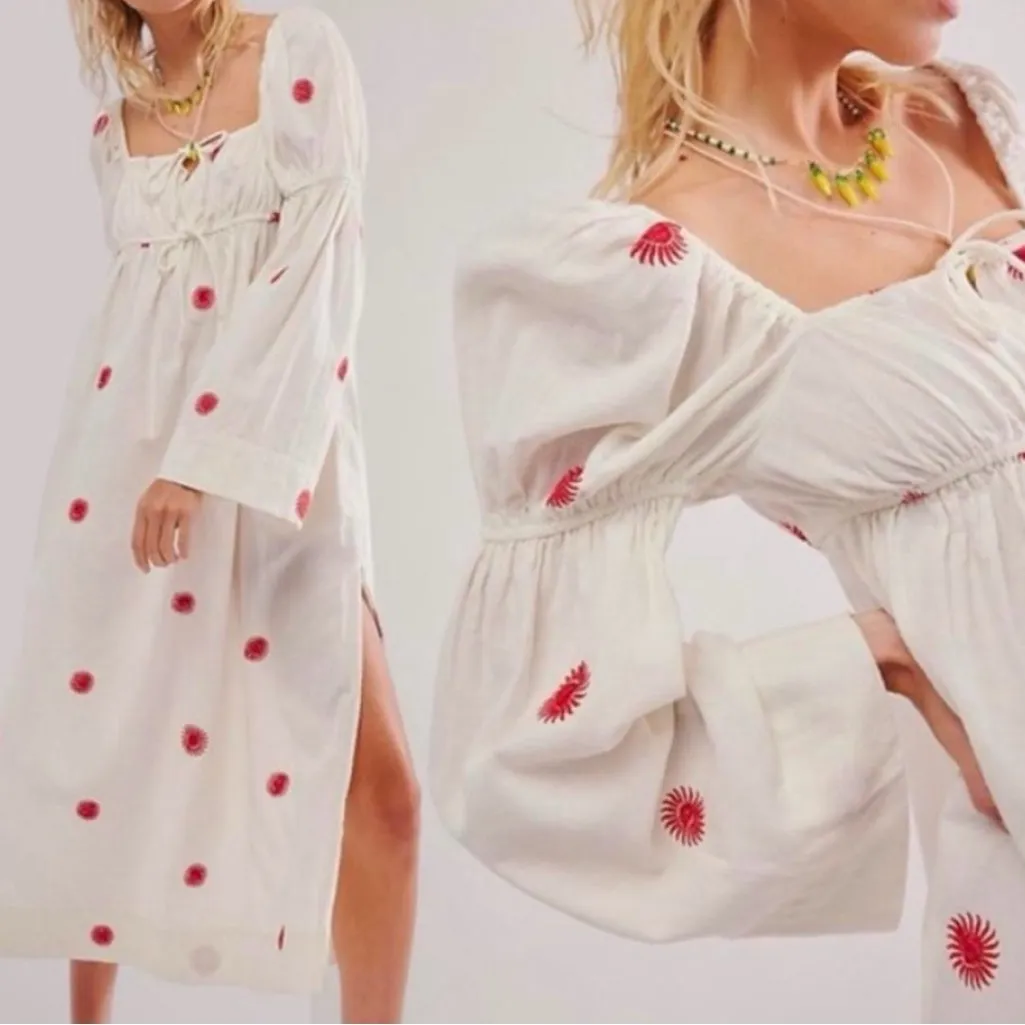 NWOT $168 Free People White & Red Emory Embroidered Midi Dress Fits XS to M - Image 3