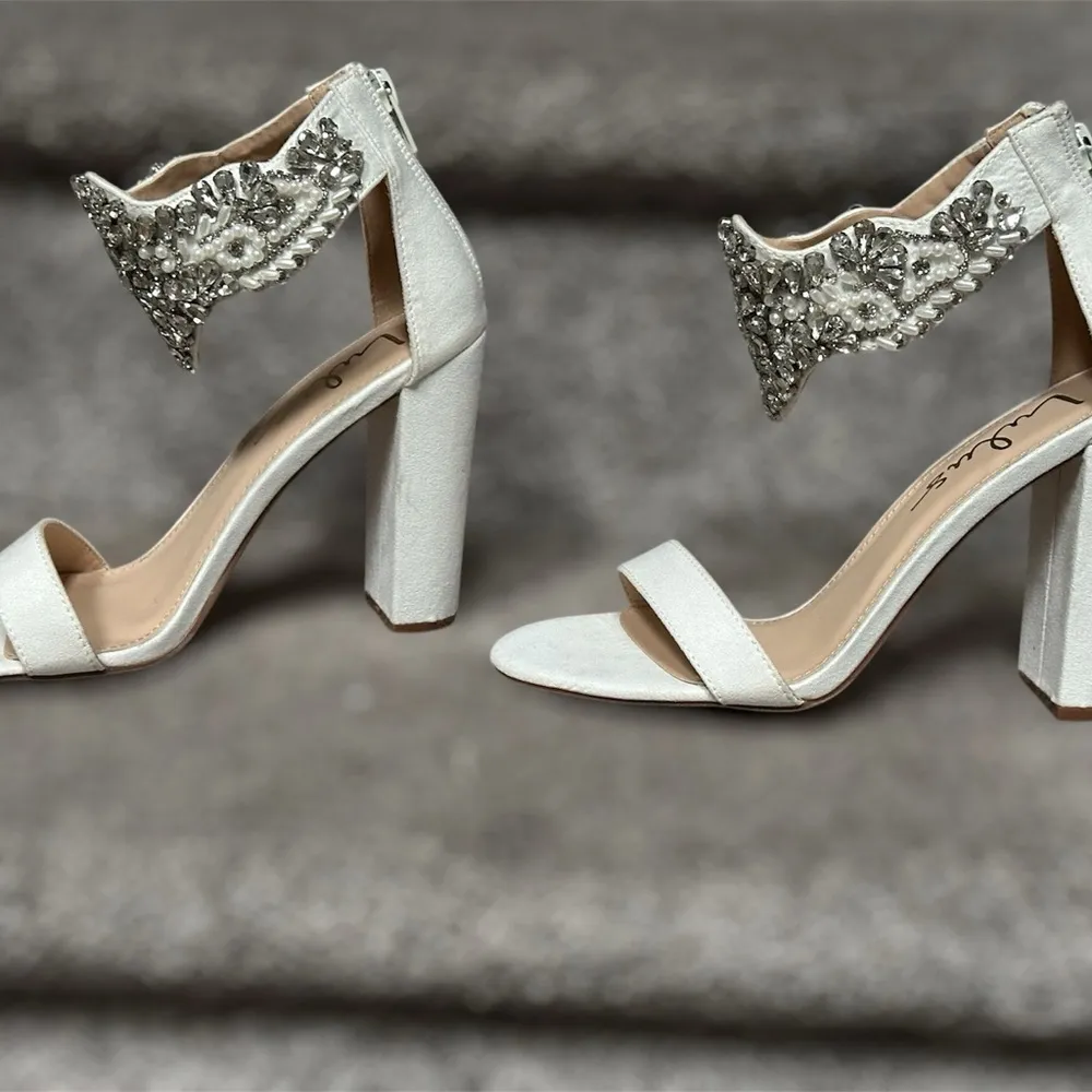 NEW Lulus Dannah White Suede Rhinestone and Pearl High Heel Sandals Women’s 5.5 - Image 15