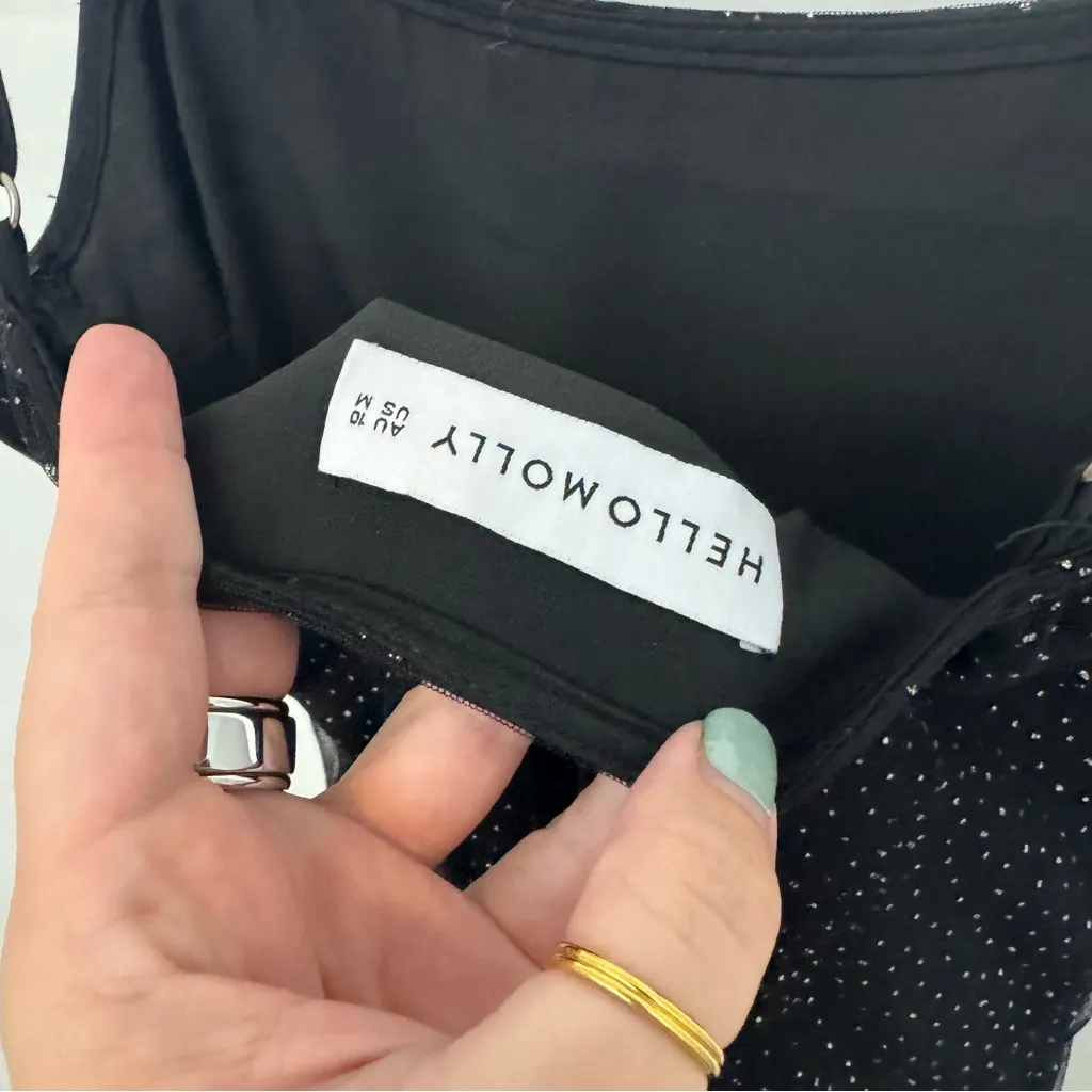 Hello Molly glittery mesh overlay black mini dress 90’s spaghetti strap size M - Image 3