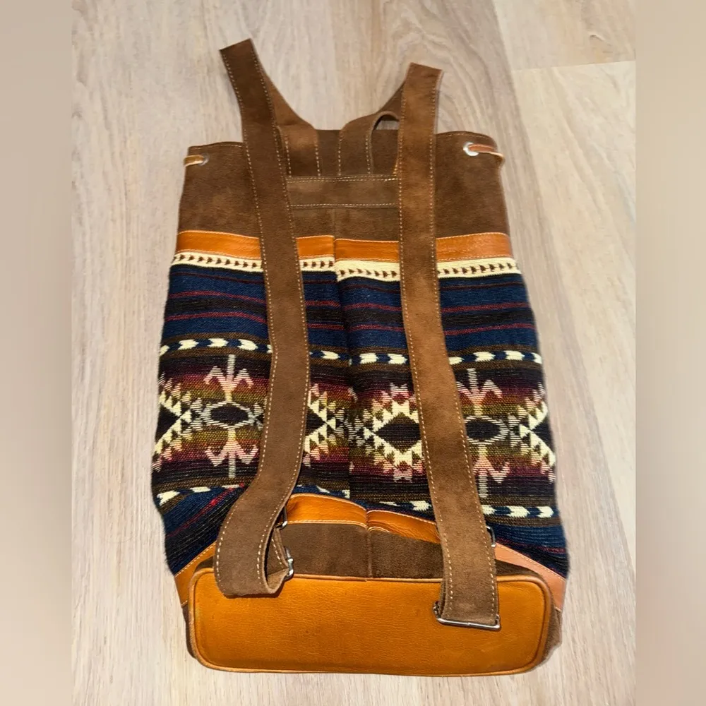 Western Leather Brown & Blue Boho Aztec Drawstring Backpack - Image 6