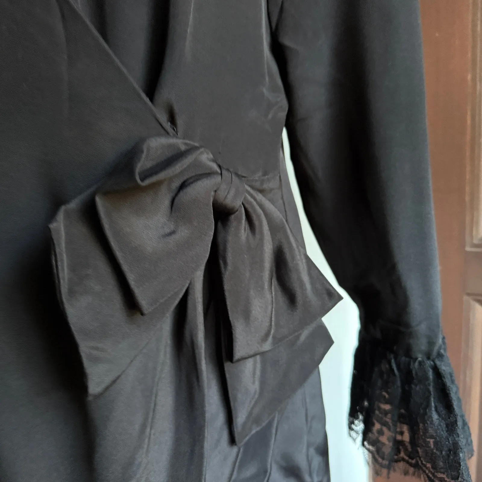 90s Vintage DOMINIC ROMPOLLO Black Wrap Jacket Mini Dress Lace Cuffs | Medium - Image 2