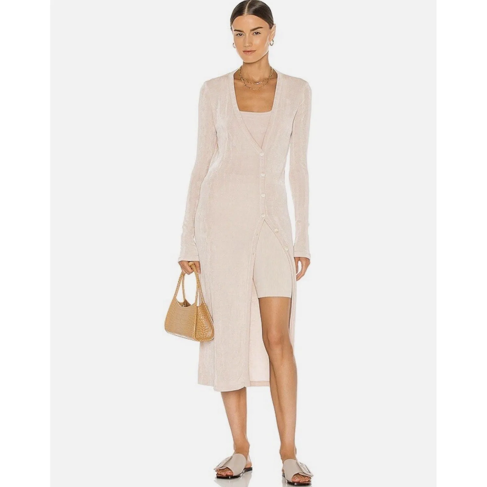 ALIX‎ NYC Shimmer Sage Green Button Front Crown Cardigan Midi Dress Bodycon Sz S Blue - Image 7