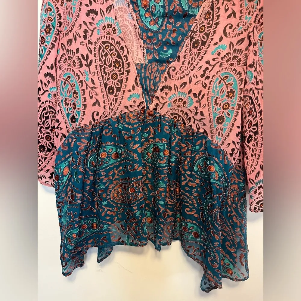 Floreat Brand Color Block Velvet & Silk Burn Out Blouse V Neck Loose Sleeve Sz S - Image 11