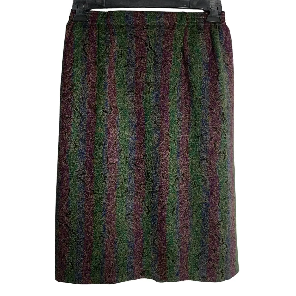 Paisley Striped Pullon Flannel Skirt S Green Purple Blue Elastic Waist Lined - Image 2