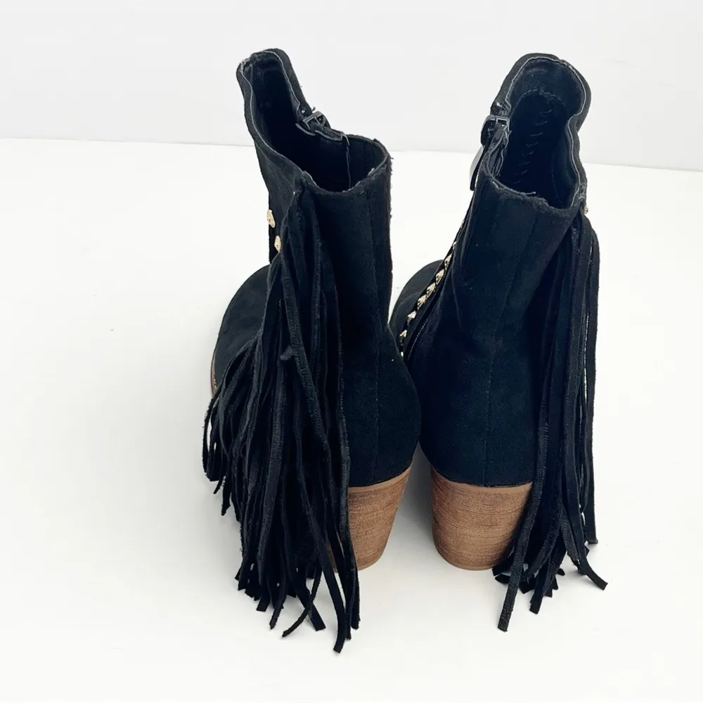 BEAST FASHION Black Fringe Trim Studded Side Zip Closure Almond Toe Booties 6 - Image 6