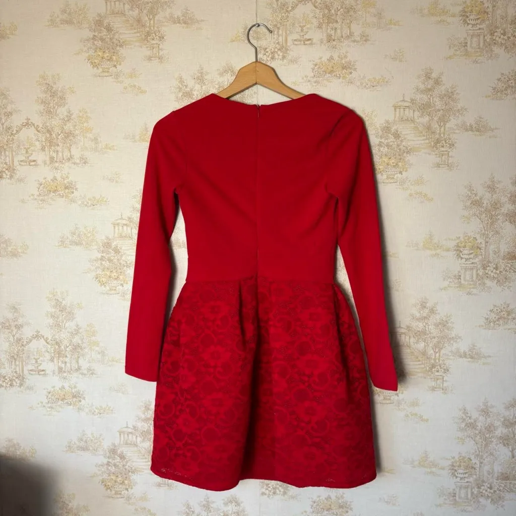 Vintage red long sleeve square neck fit and flare floral lace mini party dress - Image 8