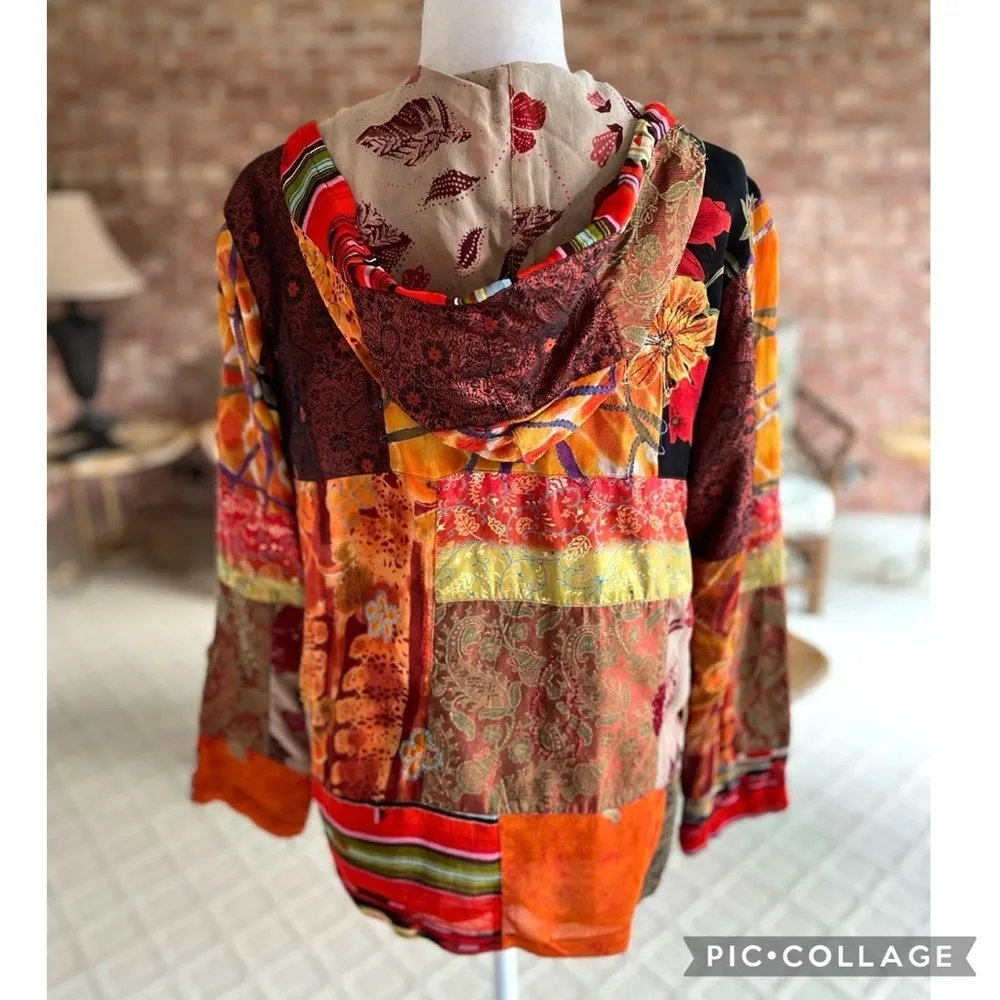 Chico’s Jacket Orange Multi Patchwork Hooded Embroidered M Boho Concert Chic Mod - Image 9