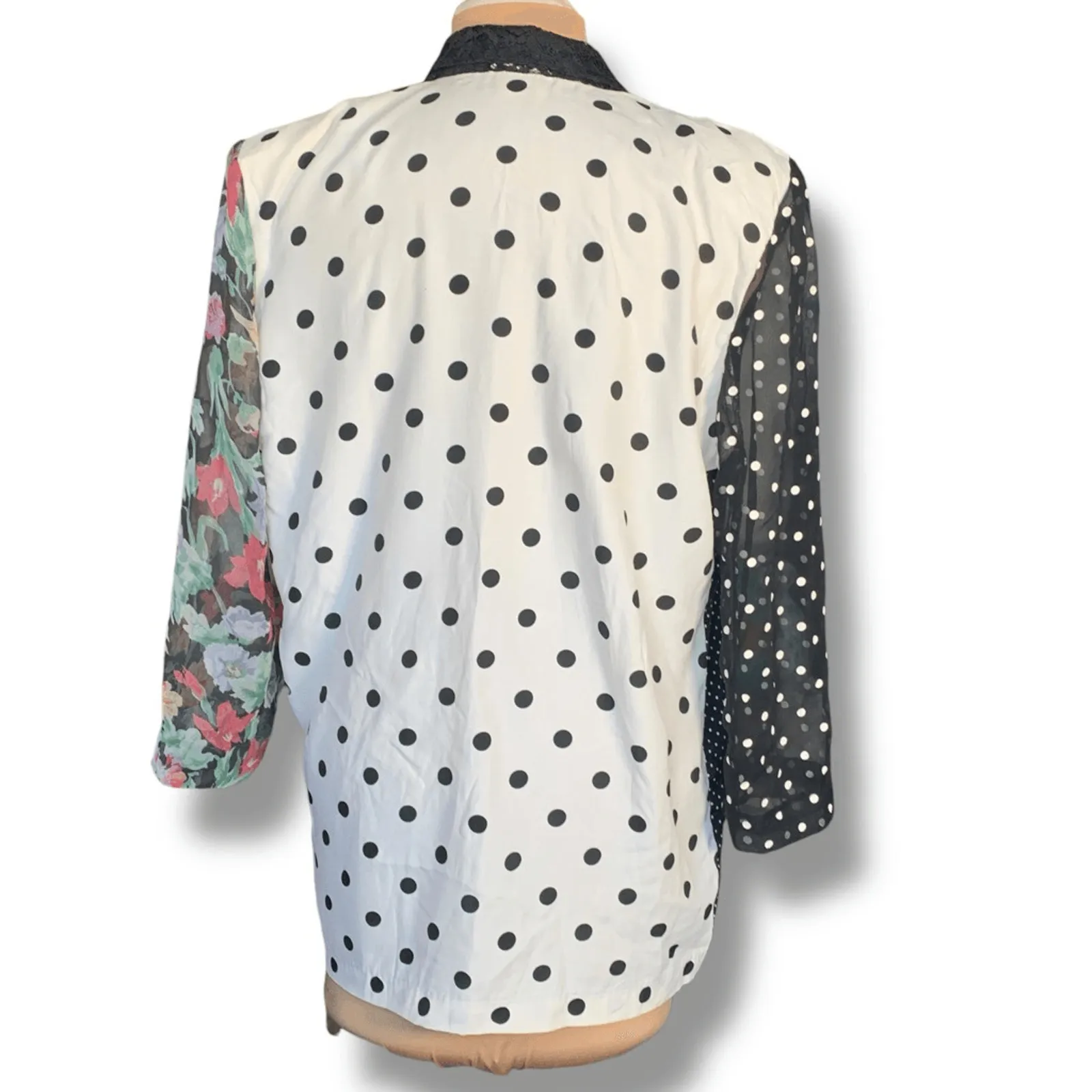 Vintage 90s Patchwork Polka Dot Floral Blazer Sheer Sleeve Lace Collar Oversized Black Size L - Image 6