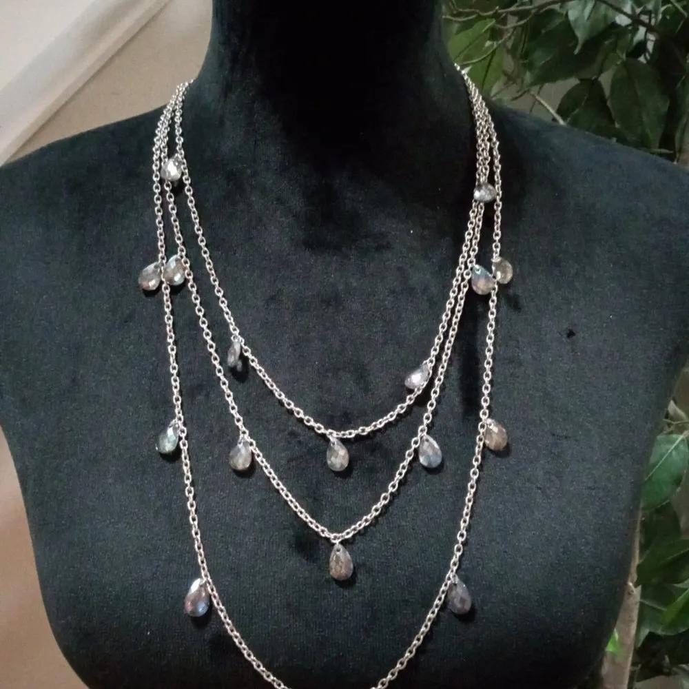 Womens Fashion Silver Tone Triple Layered Chunky Rhinestones Charm Necklace - Image 3