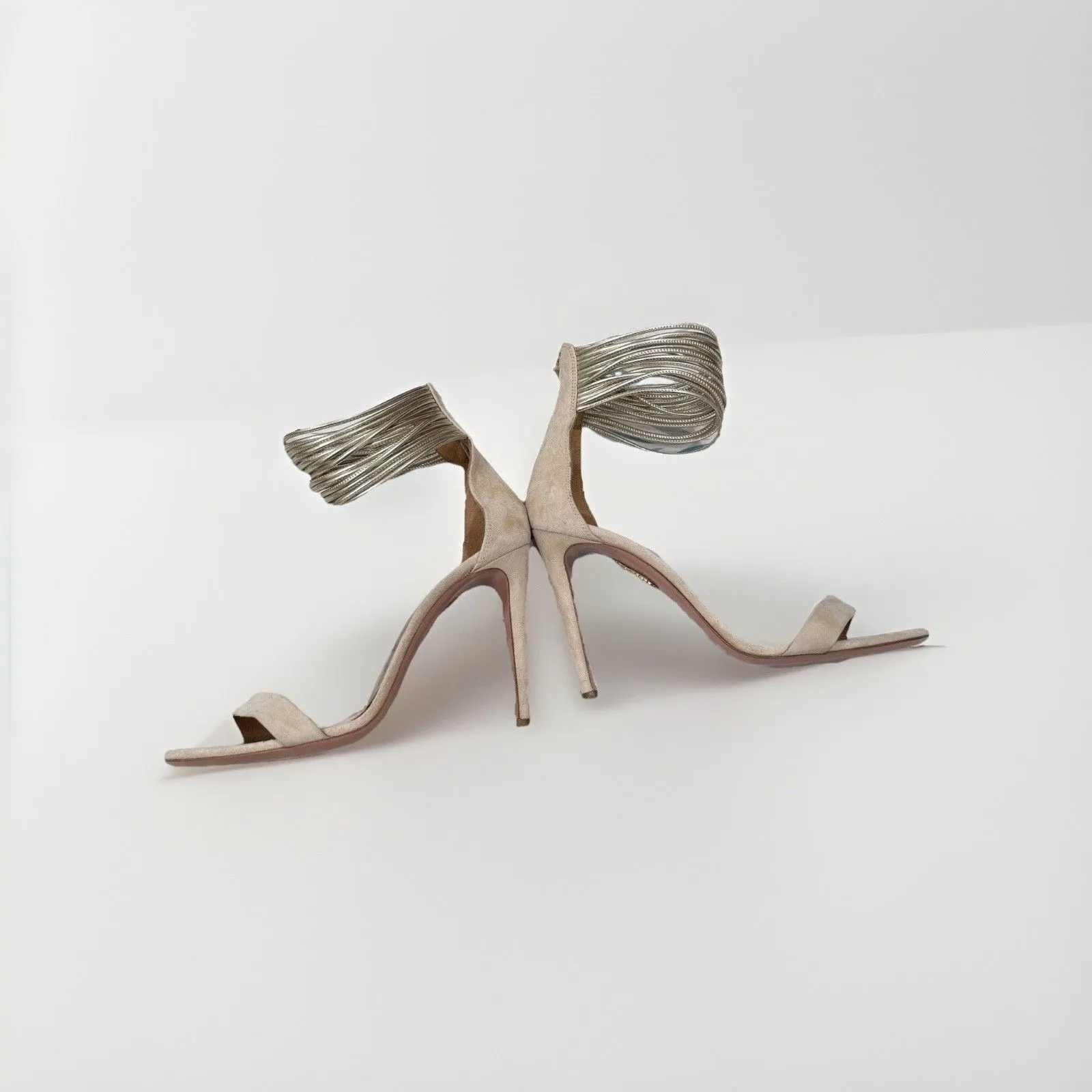 Aquazzura Spin Me Around 105 Nude Suede Lame Heels Size 38.5 - Image 6