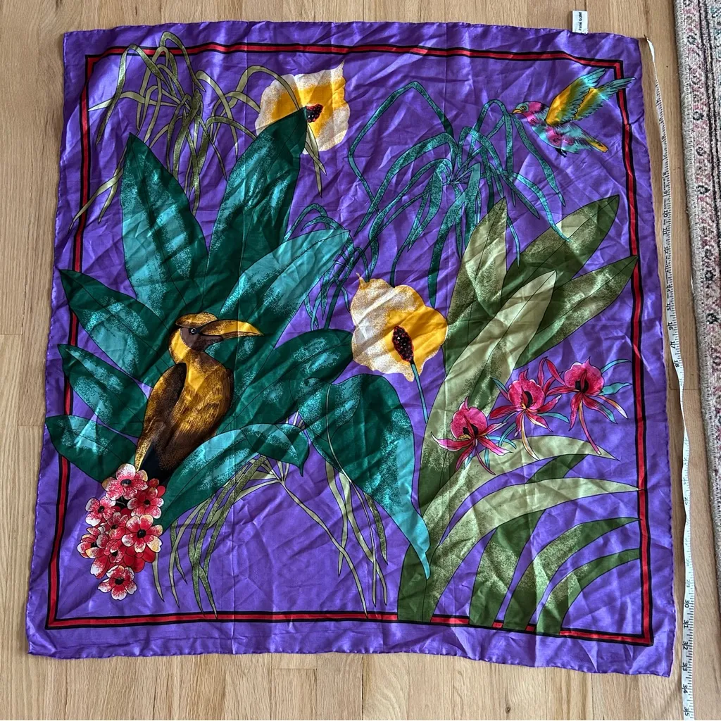 Rene gallet 100% pure silk vintage tropical bird square scarf leaves flowers Purple - Image 2