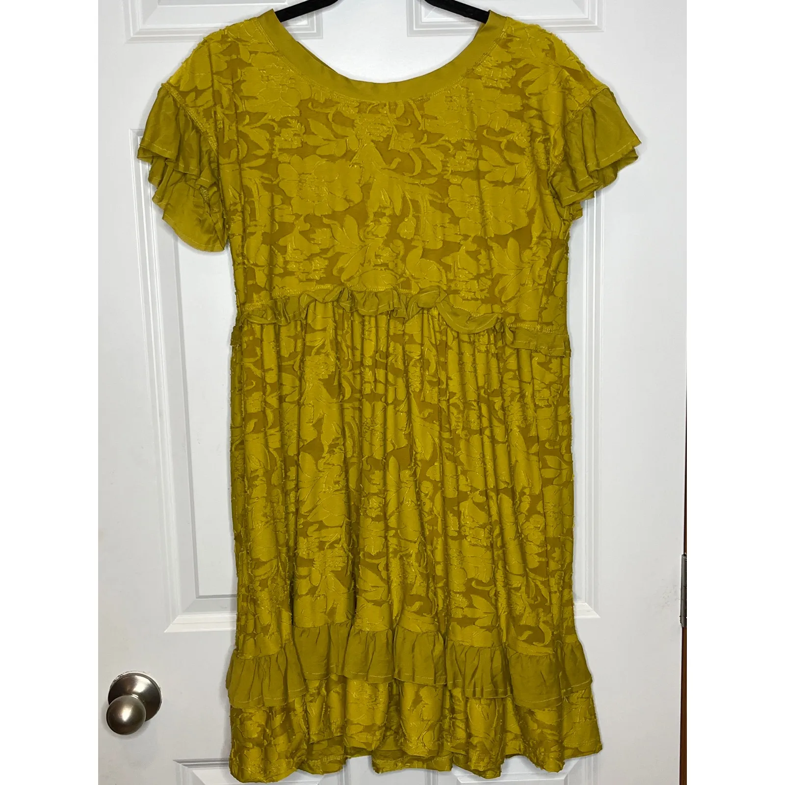 Anthropologie‎ Ruffle Knit Mini Dress Mustard Yellow XS Open Back Short Sleeve - Image 3
